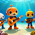 **Image Prompt: Playful Underwater Concert**

    "Octonauts characters (Barnacles, Kwazii, Peso) playing instruments (ukulele, marimba, trumpet) on a coral reef stage, sea creatures in the audience, bright colors, cheerful atmosphere, fully clothed, appropriate attire, safe for work, family-friendly, professional illustration, perfect anatomy, correct proportions, well-formed hands, proper finger count, natural body proportions"