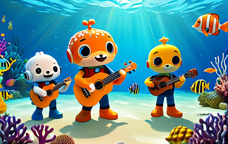 **Image Prompt: Playful Underwater Concert**

    "Octonauts characters (Barnacles, Kwazii, Peso) playing instruments (ukulele, marimba, trumpet) on a coral reef stage, sea creatures in the audience, bright colors, cheerful atmosphere, fully clothed, appropriate attire, safe for work, family-friendly, professional illustration, perfect anatomy, correct proportions, well-formed hands, proper finger count, natural body proportions"