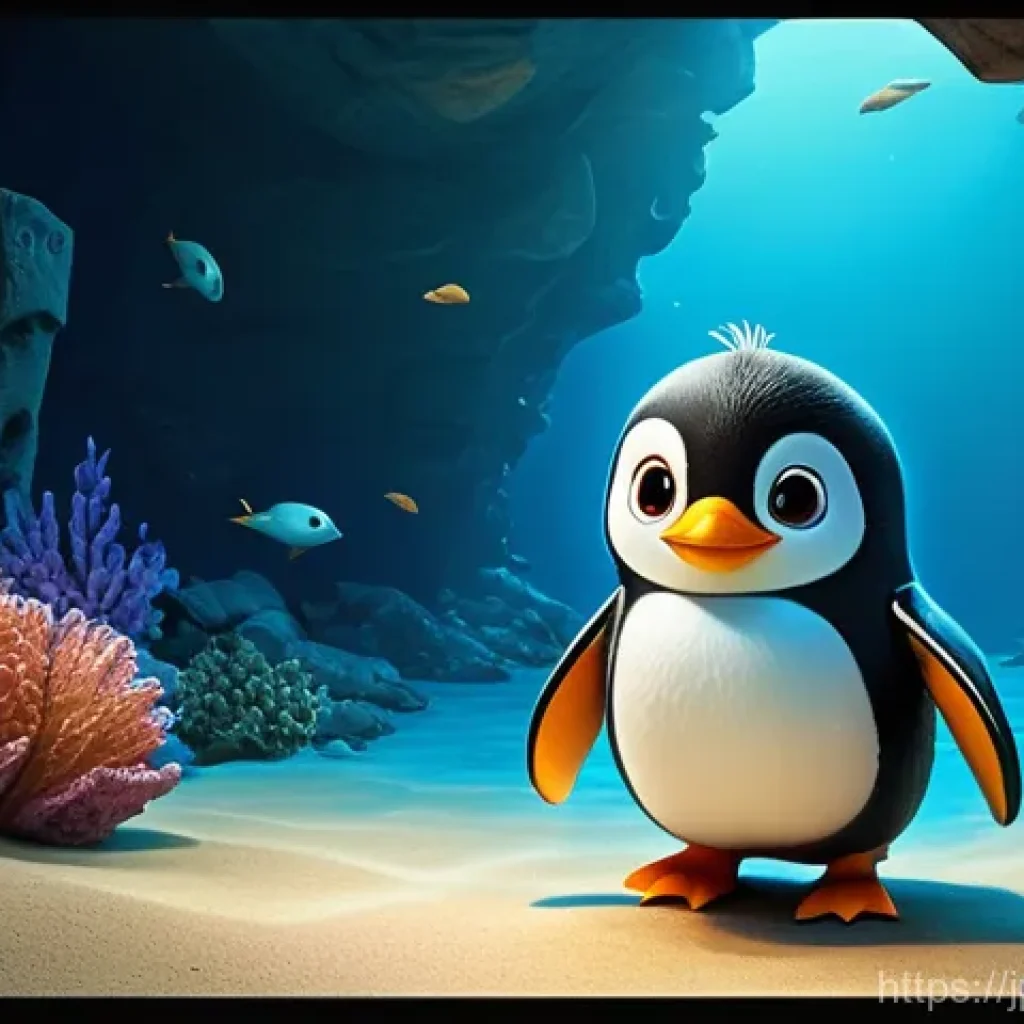 옥토넛 캐릭터 페이소의 약점 - **Prompt: Peso's Courage in the Deep Unknown**
A full shot of Peso, the small, gentle penguin, b...