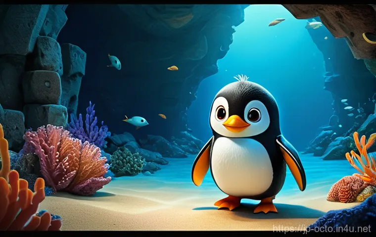 옥토넛 캐릭터 페이소의 약점 - **Prompt: Peso's Courage in the Deep Unknown**
A full shot of Peso, the small, gentle penguin, b...