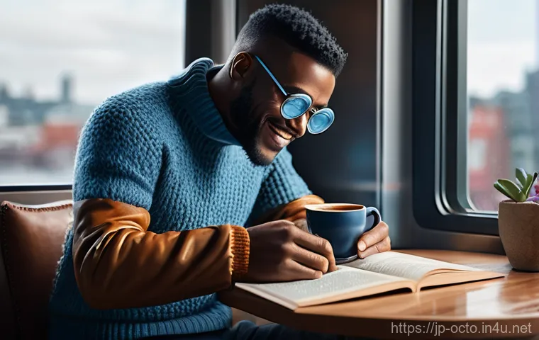 옥토넛 팬픽션 인기 스토리 - **Prompt:** A cozy, warm-lit modern city cafe scene. Captain Barnacles, wearing a soft blue knitted ...