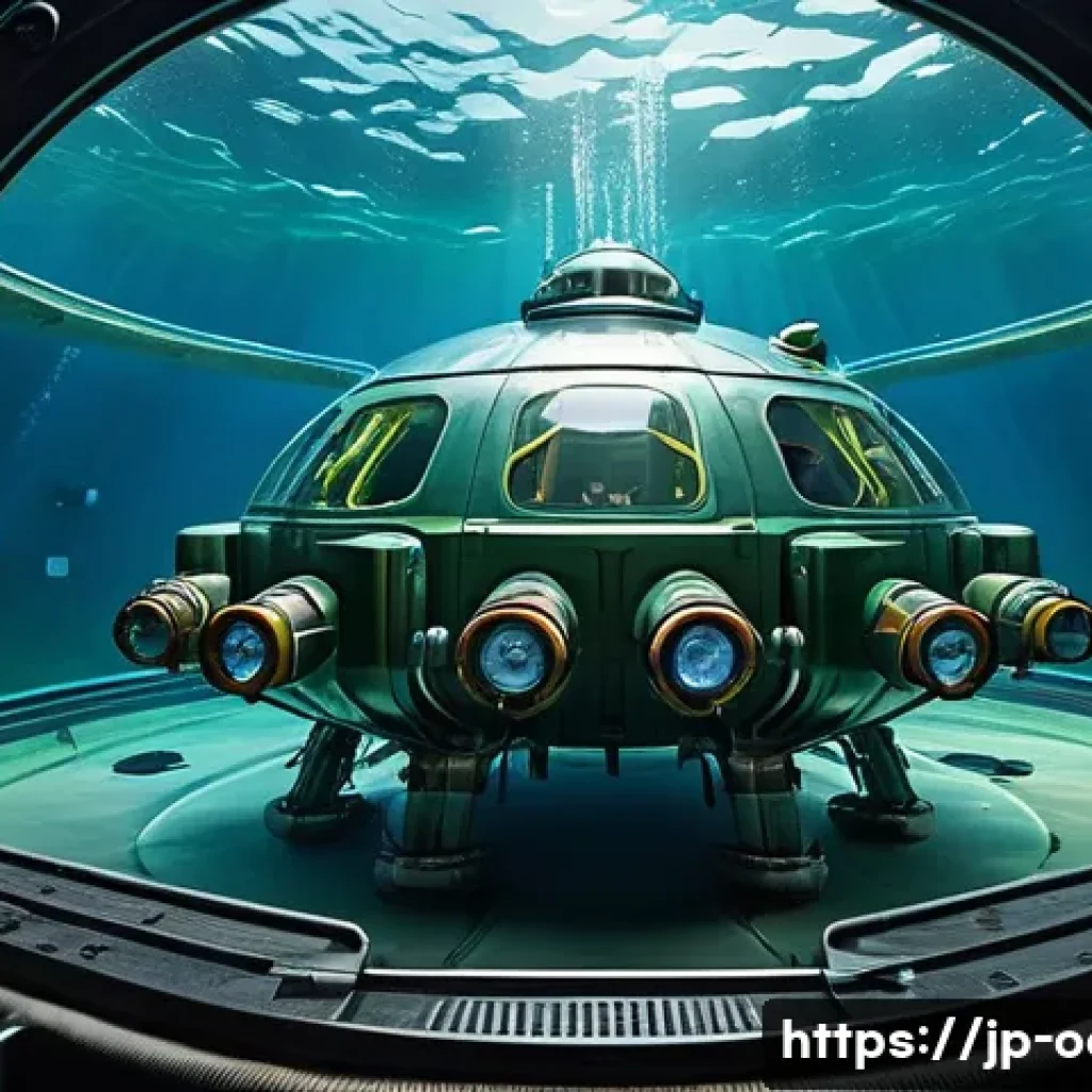 옥토넛 주요 장비와 기술 해부 - A highly detailed futuristic submarine named "Octopus," designed for deep-sea exploration and rescue...