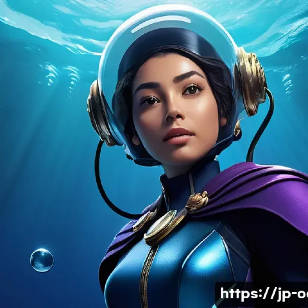 옥토넛 팬아트 창작 가이드 - A strong and gentle leader character from an underwater world, wearing a sharp-lined helmet and flow...