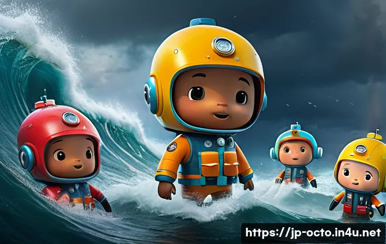 옥토넛 애니메이션에서의 리더십 교훈 - A calm and composed octonauts team leader giving clear instructions to the crew during a fierce ocea...