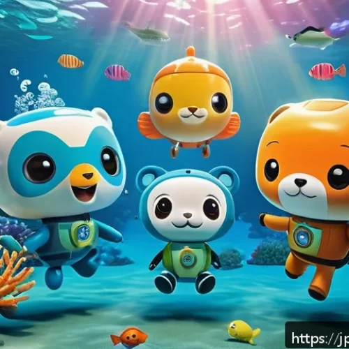 옥토넛 퀘이지의 대표 유행어 - A colorful underwater scene featuring the playful characters of "Octonauts Quazy," each with distinc...